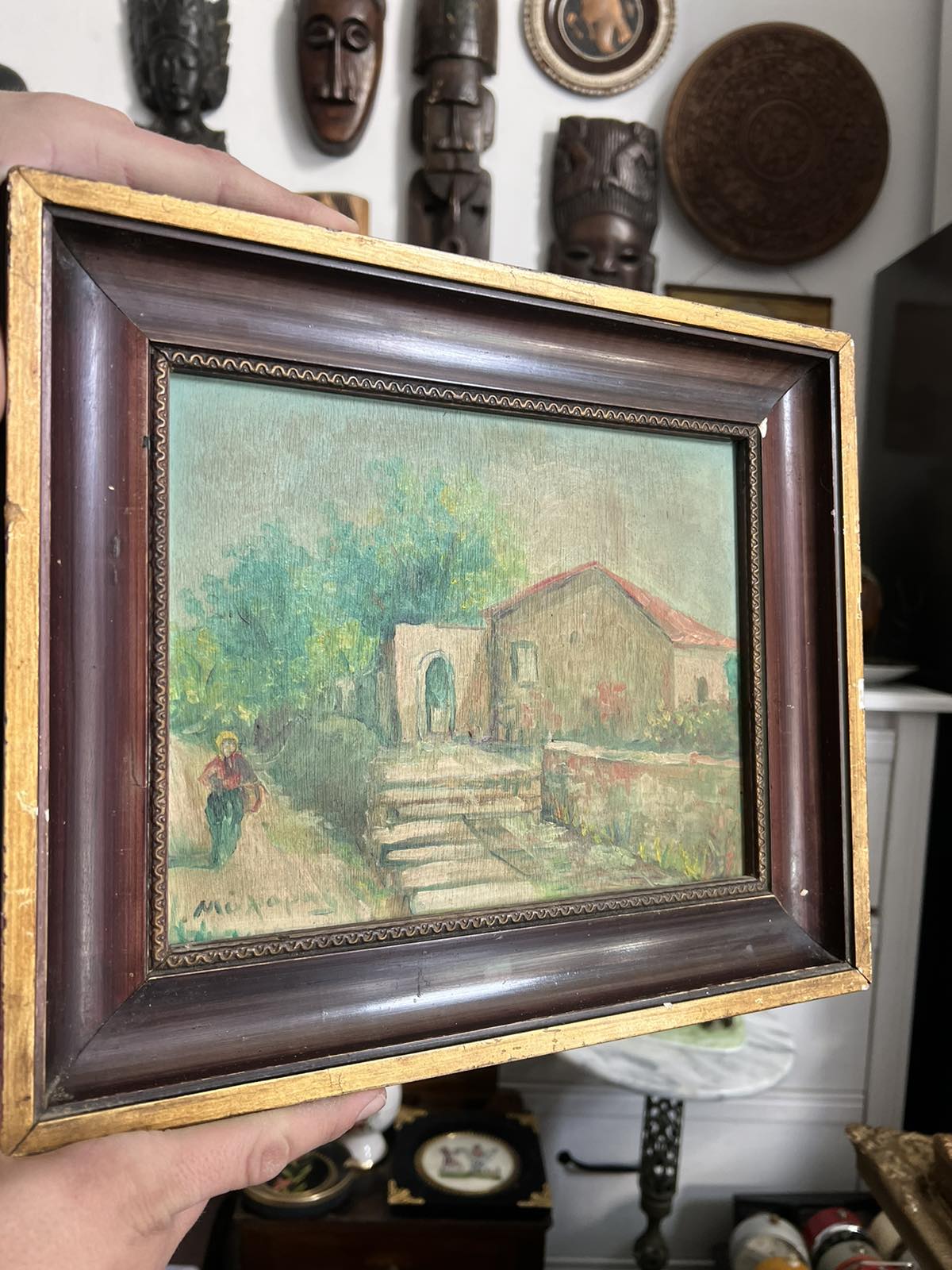 Μικρός Πίνακας Με Αυλή Σπιτιού Ζωγραφιά Ενυπόγραφος